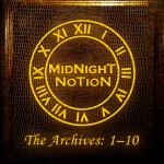 A brown photo album with golden highlights. There is a golden roman-numerals clock in the center, and bold yellow text in the middle of the clock reads "Midnight Notion." Flowy yellow text at the bottom reads: "The Archives: 1-10"