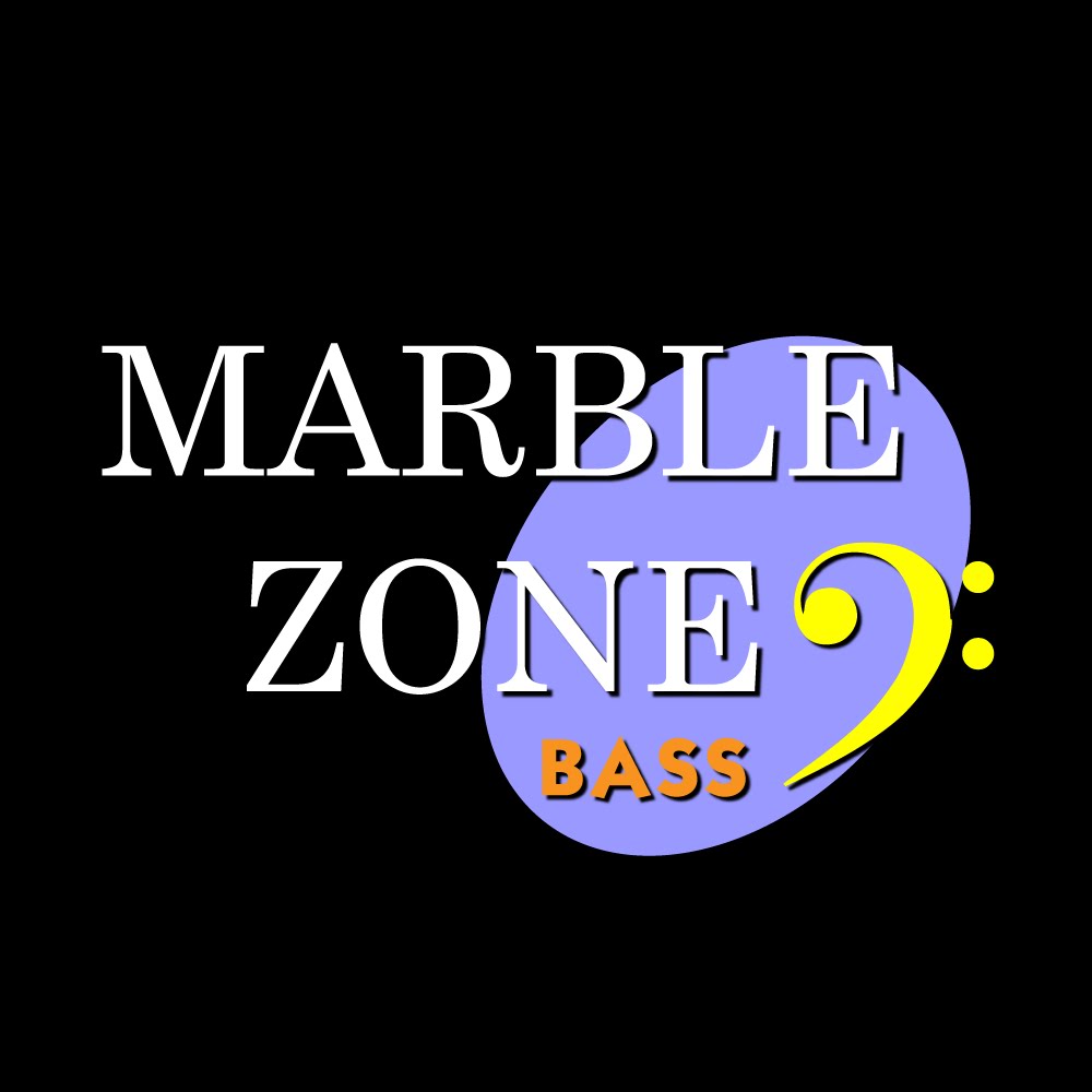 White text on a black background that reads "Marble Zone," followed by orange text that reads: "Bass," and a yellow bass clef symbol. Behind the text is a blue oval, and the overall look mimics the level title design in Sonic the Hedgehog.