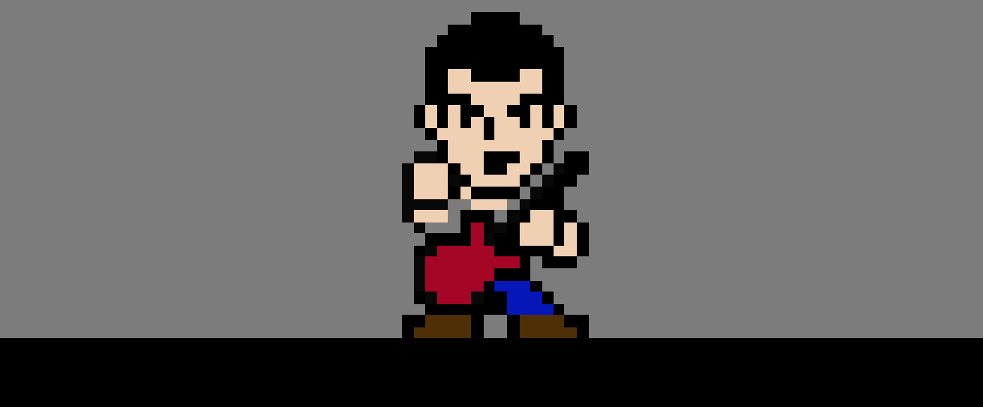 A digital image in the style of an 8-bit NES video game character. It's a white male with black hair, a gray shirt, blue jeans, and brown shoes. He's playing a red guitar, standing in front of a gray background and on top of a black floor.