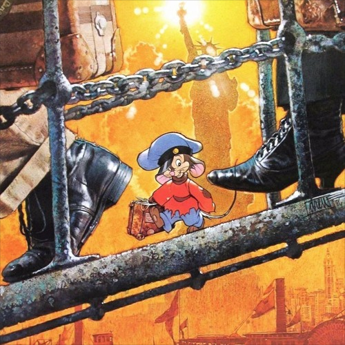 An animated image of Fievel Mousekewitz, a cartoon mouse with a blue hat, oversized red shirt, and blue pants. He's carrying a luggage bag and walking down a metal ramp between two large human shoes, and the Statue of Liberty is behind him on a yellow-orange background.