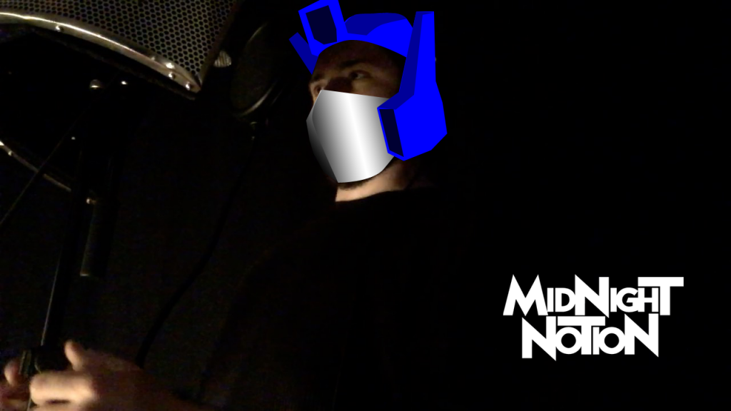 A still frame of Bryce Kalal singing into a mic in a vocal recording booth. The image has been edited to make Bryce look like he's wearing an Optimus Prime helmet and face mask, and the bottom right corner features a white Midnight Notion logo.