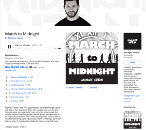 A screenshot of the Midnight Notion Bandcamp page, featuring the album artwork for March to Midnight, the tracklist for that album, and an audio player.