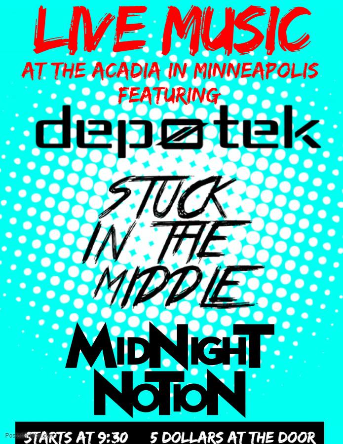 A poster for Live Music at the Acadia in Minneapolis. It's a light blue and white background with large red and black text.