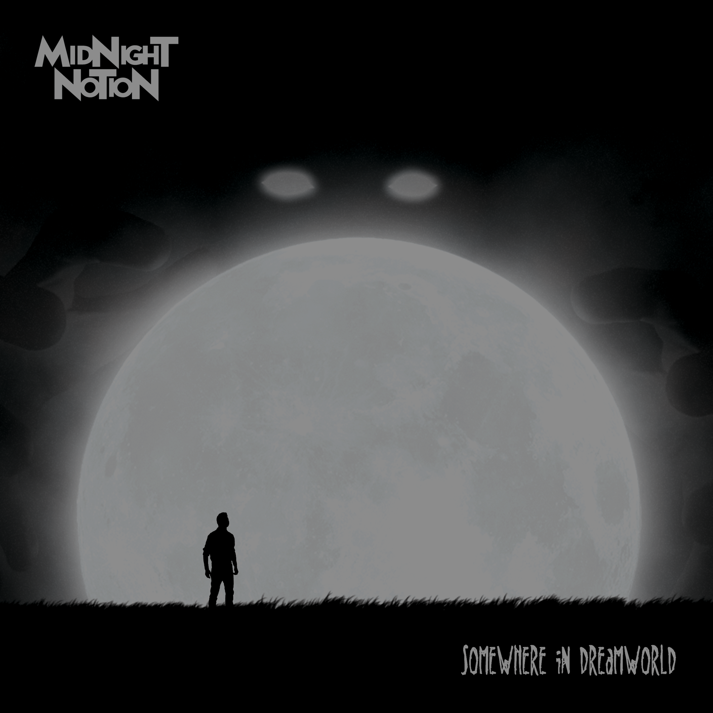 A darkened version of the Somewhere in Dreamworld album cover: A mostly black image with a large, glowing white moon in the center. The moon is rising over a flat, grassy horizon as the black silhouette of a man watches. Above the moon are two menacing white eyes, and beside it are two hands reaching for it.
