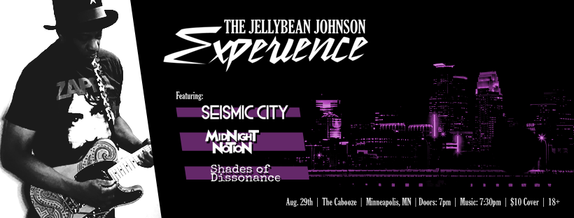 The poster for The Jellybean Johnson Experience at The Cabooze. Jellybean Johnson is featured on the left third, playing a guitar, and the rest of the image is a dark Minneapolis skyline with purple lights and the show information.