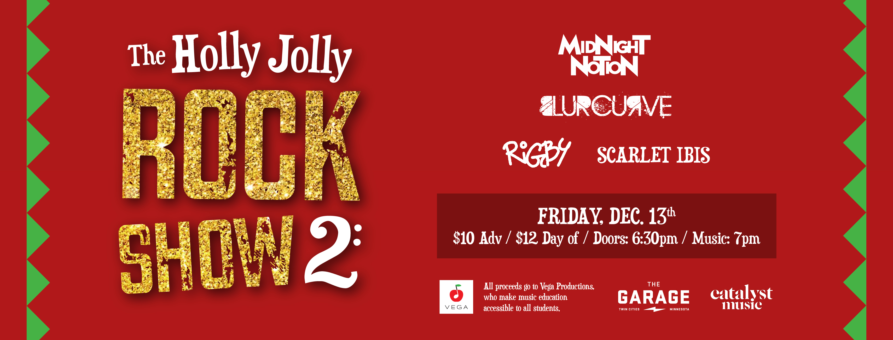 A poster for The Holly Jolly Rock Show 2. It's mostly white text on a red background, but "Rock Show" is glowing gold glittery text. The "2" looks like a bass clef.