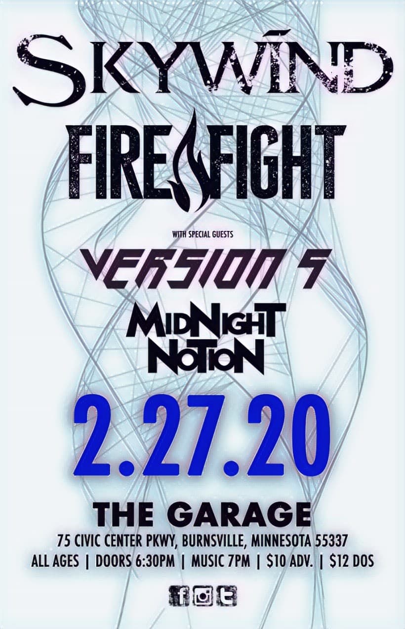 A poster for Skywind, Fire Fight, Version 5, and Midnight Notion at The Garage. It's black text on a white background with thin blue DNA shapes.