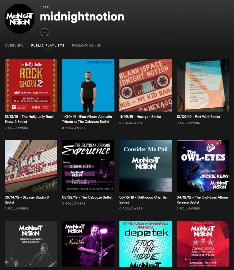 A Screen Shot of Midnight Notion's Playlists on Spotify