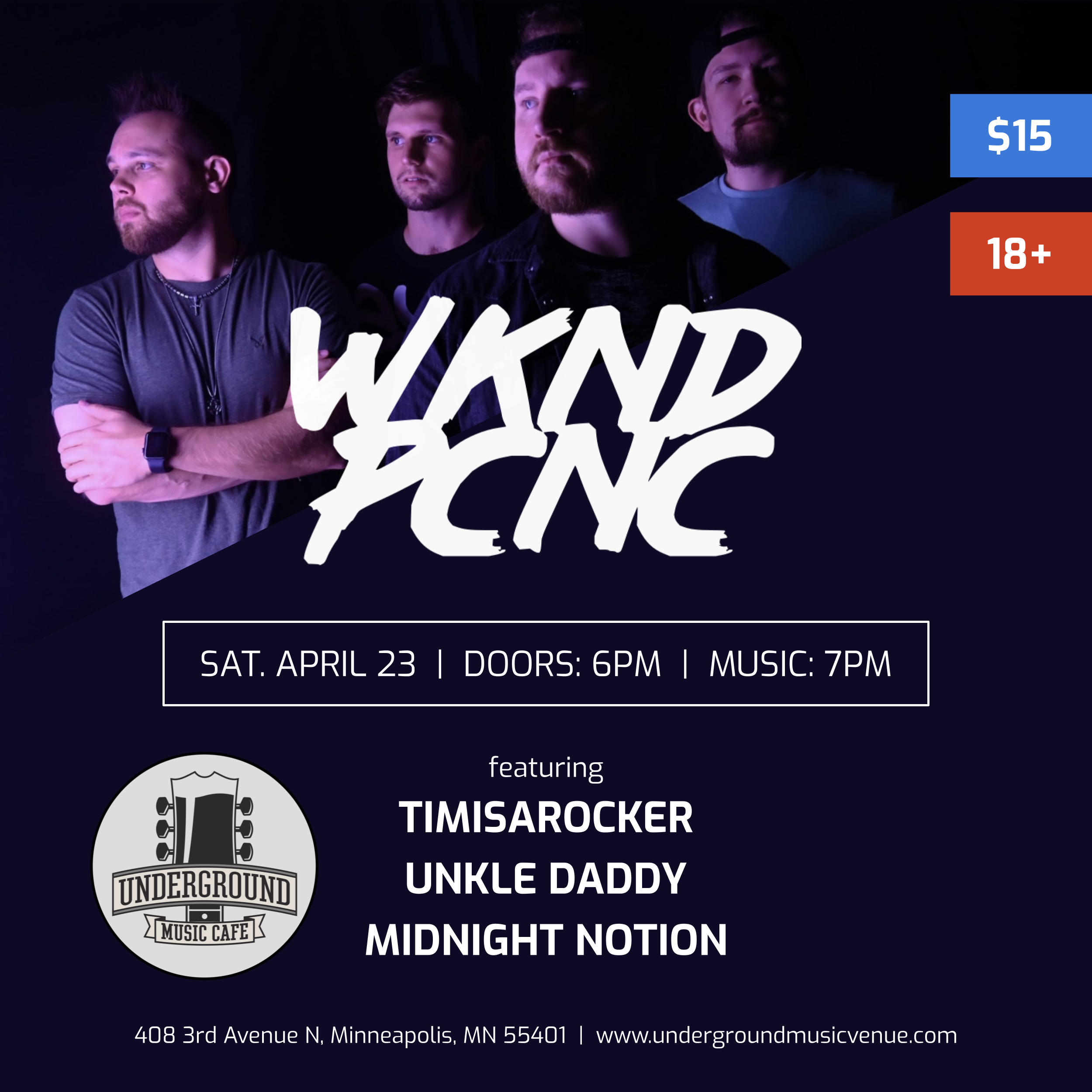 The event poster for Weekend Picnic at Underground Music Venue on April 23 with Timisarocker, Unkle Daddy, and Midnight Notion